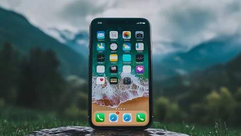 iPhone Home Screen with Beach Wallpaper on Natural Setting