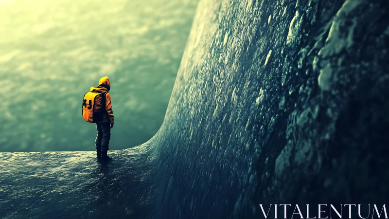 Lone traveler pauses at the edge of a vast surreal abyss