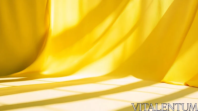 Yellow fabric curtain catches strong geometric sunlight.