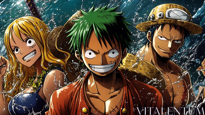 Bold trio of anime pirates smiles through splashing waves