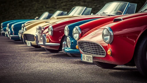 Row of vintage roadsters parked on asphalt surface.