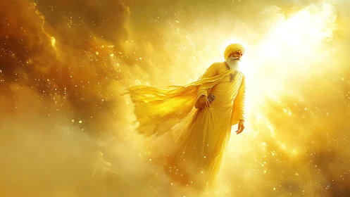 Radiant sage striding through a golden cosmic tempest.