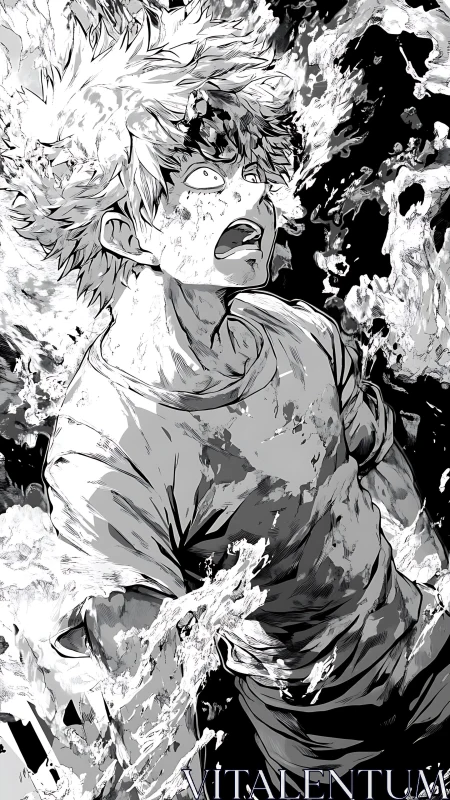Intense manga boy engulfed by swirling white energy field.