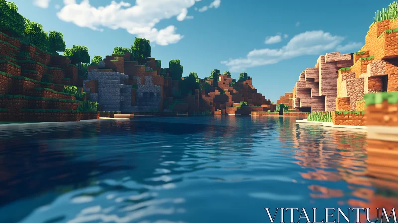 Rendered landscape depicting blocky architecture near water body with sky conditions.