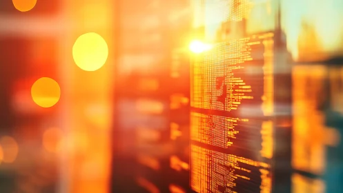 Golden code reflections stream across glass data wall.