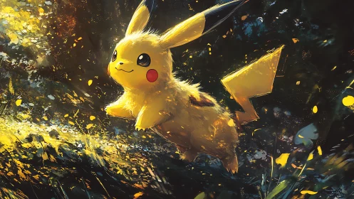 Electric creature leaps through luminous forest brush.