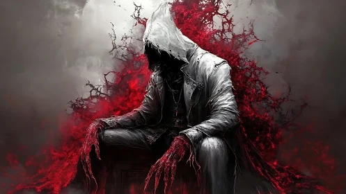 Hooded figure in blood red smoke with dark empty face.