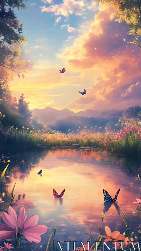 Sunset lake with butterflies over glowing floral shore.