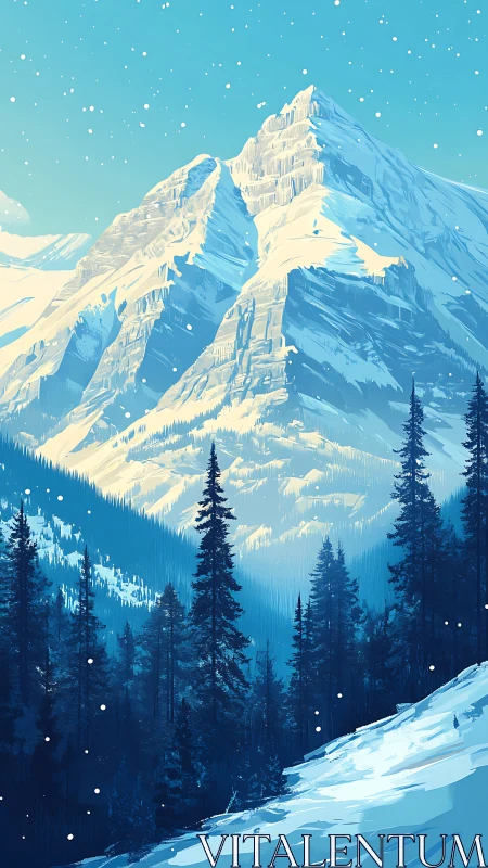 Snowcapped alpine peak above dense evergreen forest in winter.