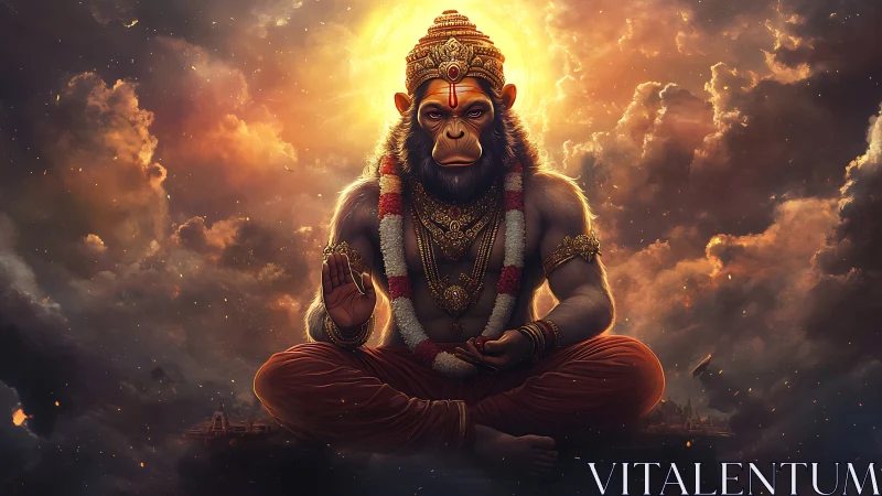 Radiant simian deity meditating within celestial stormclouds.