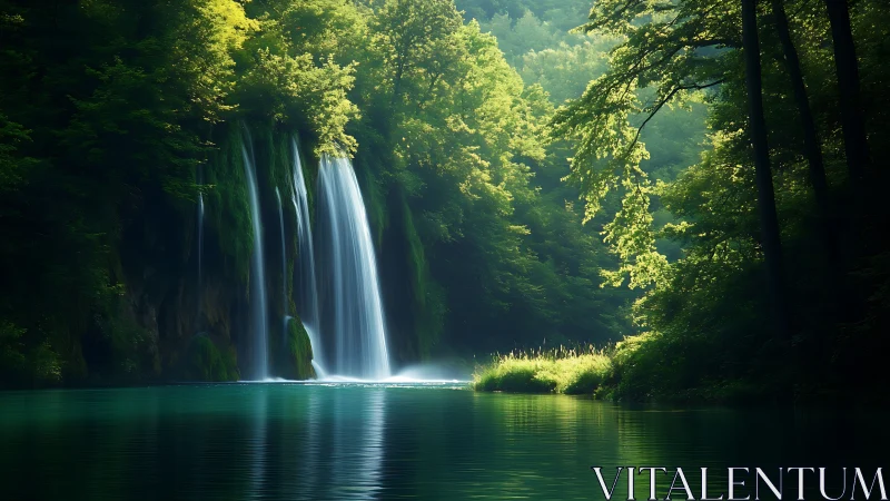 Sunlit forest waterfall cascades into a tranquil emerald pool