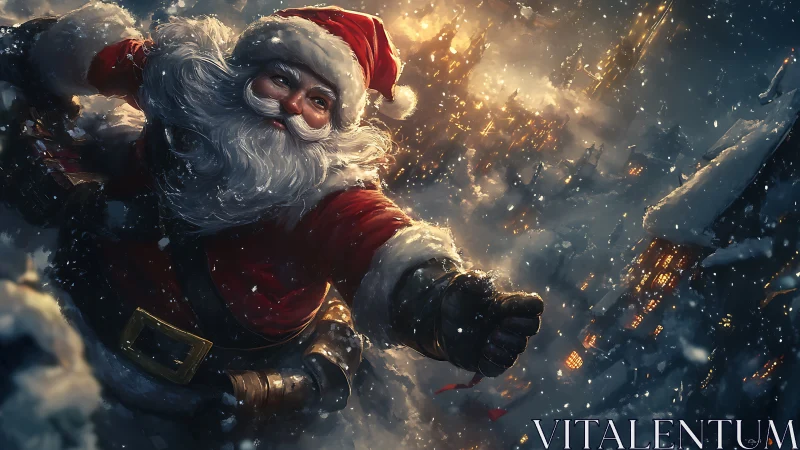 Santa Claus flies over snowy town in dynamic night scene
