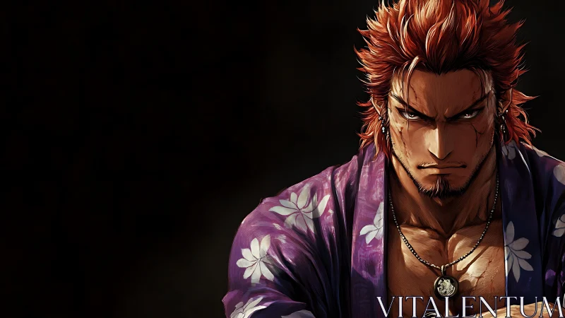 Anime warrior portrait in dramatic chiaroscuro composition.