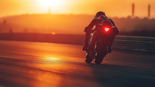 Motorcycle on racetrack under low sun with long reflections.