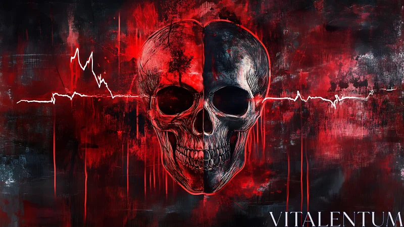 Blood-red skull splits in two beneath jagged pulse line.