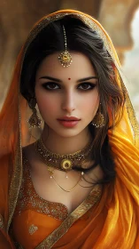 Golden sari portrait glows with quiet strength and grace