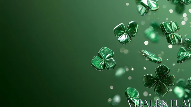 Shiny Green Four Leaf Clovers Floating on Gradient Background.
