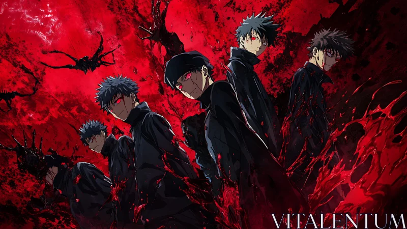 Group of five dark-clad anime figures in red fluid field.