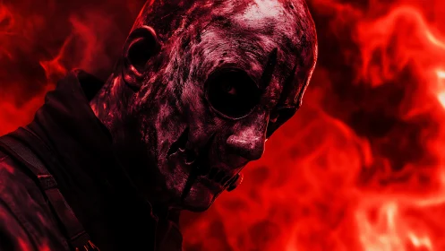 Burned skull-faced figure emerges from swirling red inferno