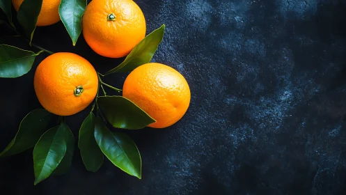 Sunny oranges resting on deep blue stone background.
