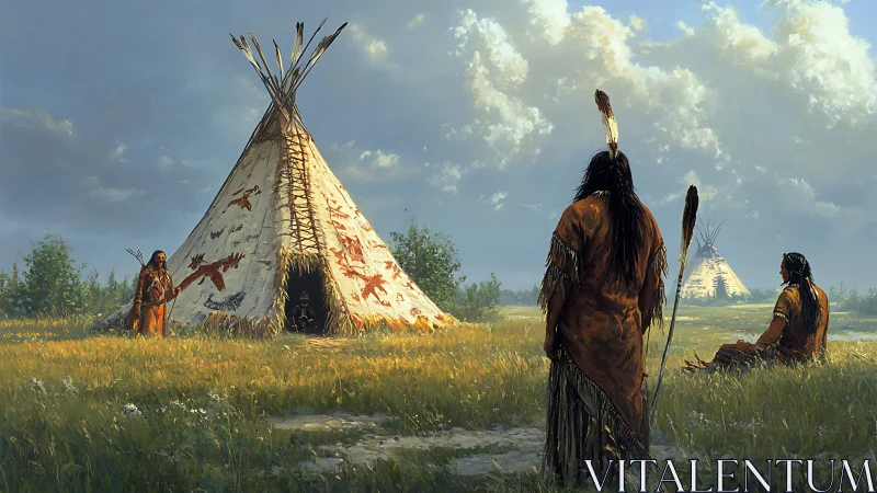 Indigenous hunters study plains sky near painted tipi camp.