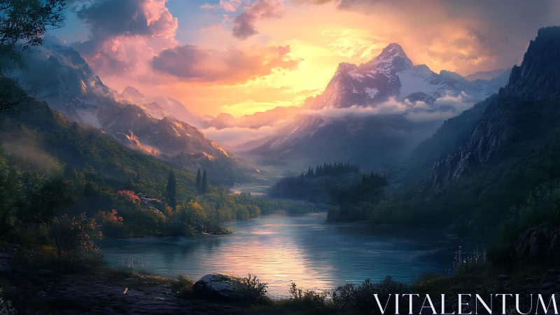 Sunset over alpine lake with mountains and misty clouds.