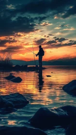 Peaceful angler enjoying a glowing lakeside sunset moment.