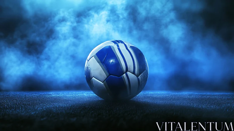 Blue soccer ball on turf under dramatic stadium lighting.