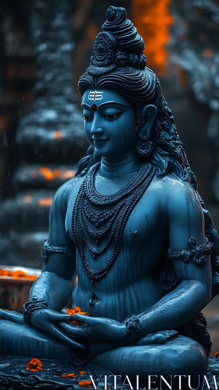 Photorealistic blue Shiva sculpture in meditative frontal pose.