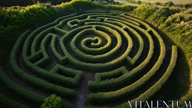 Circular hedge maze forms dense spiral pattern at sunset