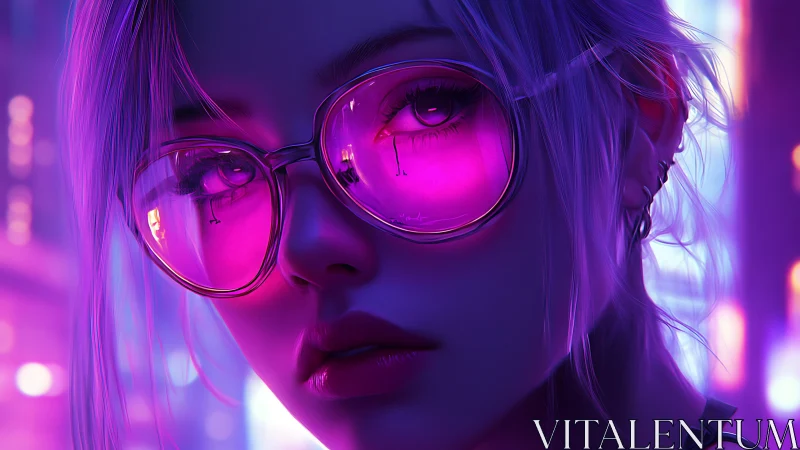 Neon lit portrait of woman wearing large reflective glasses.