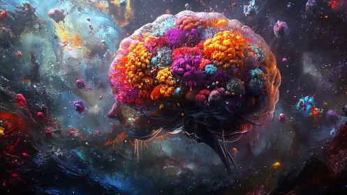 Neural cosmos brain bursting with prismatic abstract nebulae.