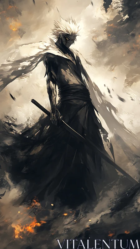 Stormlit swordsman in tattered cloak amid swirling embers.