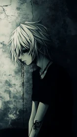 Solitary silver haired boy in chained shadowed corner.