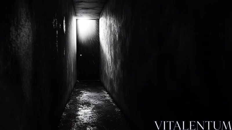 Backlit narrow corridor with wet floor and silhouetted doorway