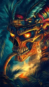 Fiery cyber skull spirit emerging from dense jungle night.