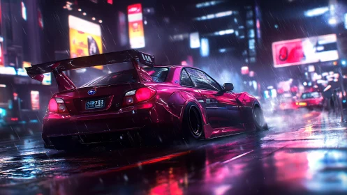 Neon-slick drift machine prowls a rain-lit cyber street.