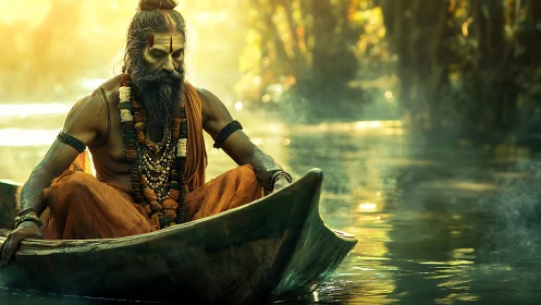 Ascetic figure seated in narrow wooden boat on misty river.
