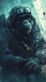 Adventurous astronaut chimp rests in a frozen, glowing world.