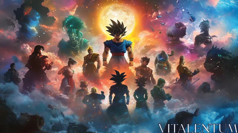 Cosmic anime heroes gathered beneath a glowing celestial sun.