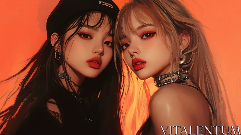 Twin neon sirens in molten sunset glam standoff.