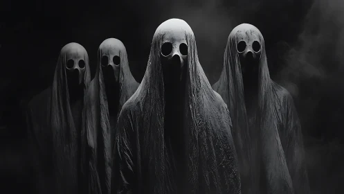 Four hooded specters with gas mask skulls emerge from fog