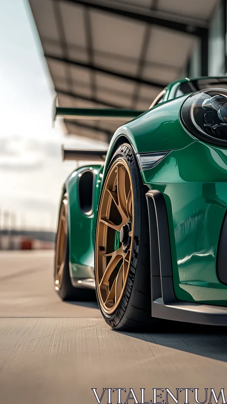 Low-angled view captures a green track car poised for speed
