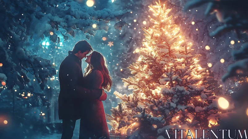 Couple embraces beside glowing Christmas tree in snowy forest