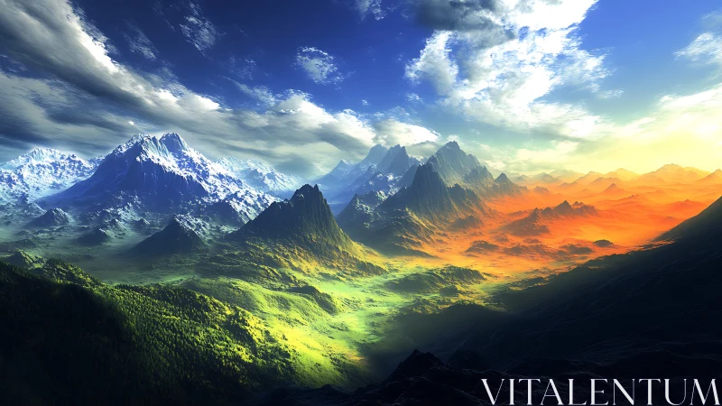 Dreamlit mountains where emerald valleys meet fire skies.