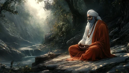 Elderly sage meditating beside misted forest river gorge