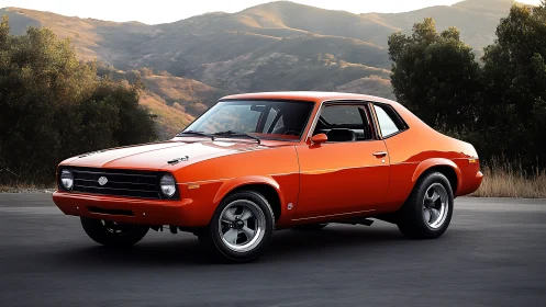 Sunlit orange classic coupe cruising into golden hills.
