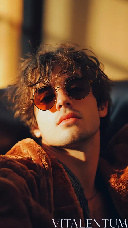 Cinematic portrait in amber window light with retro optics.