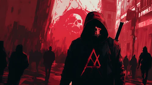 Hooded skull-masked figure in crimson dystopian alleyway.