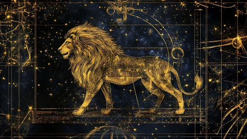 Golden celestial lion strides through intricate star grid